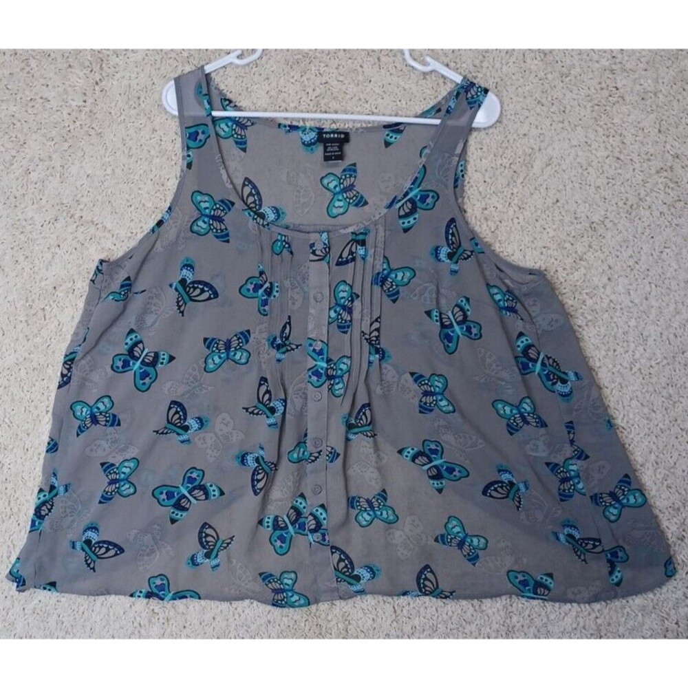 Torrid Women's Gray Tank Top Blue Butterfly Button Up Size 1x Butterflies XL